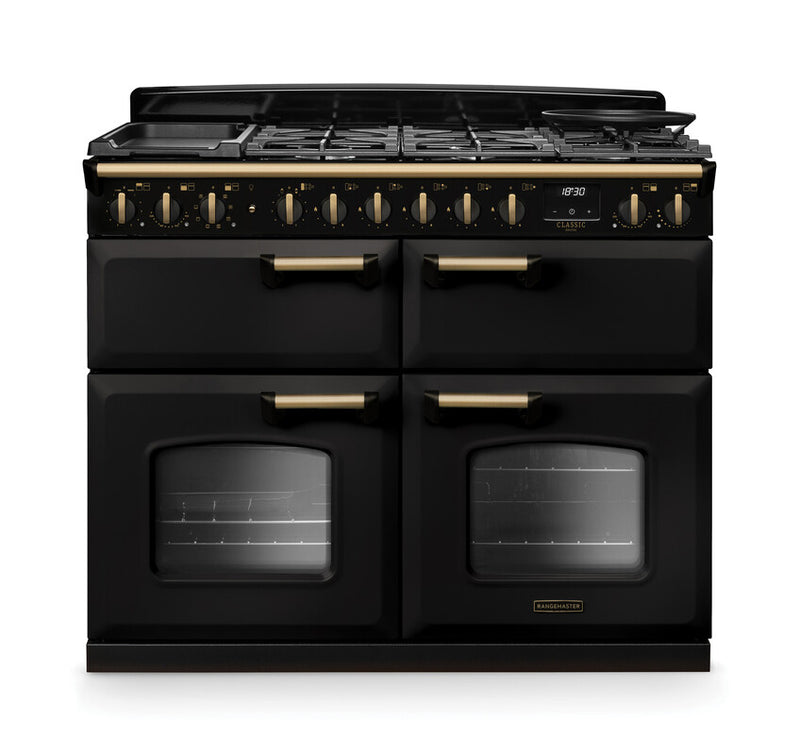 Rangemaster Classic Deluxe CLDLB110DFPCBL/AB1 110cm Dual Fuel Range Cooker Charcoal Black/Antique Brass