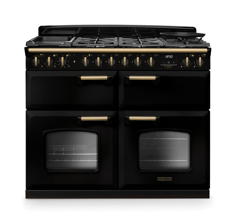 Rangemaster Classic Deluxe CLDLB110DFPGBL/AB1 110cm Dual Fuel Range Cooker Gloss Black/Antique Brass