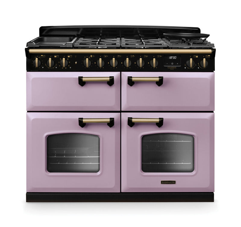 Rangemaster Classic Deluxe CLDLB110DFPHTH/AB1 110cm Dual Fuel Range Cooker Heather/Antique Brass