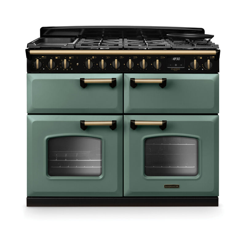Rangemaster Classic Deluxe CLDLB110DFPMGR/AB1 110cm Dual Fuel Range Cooker Mineral Green/Antique Brass