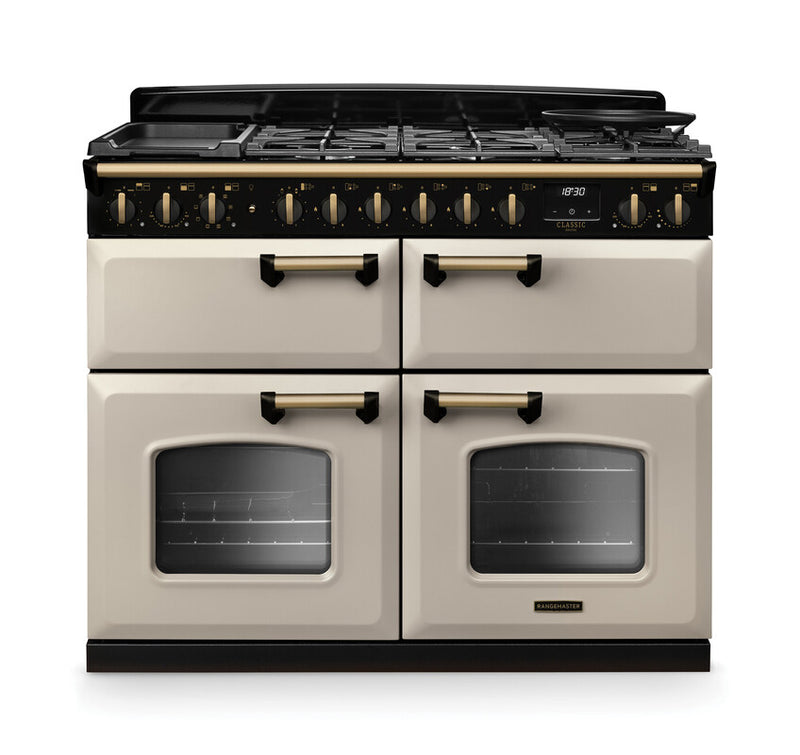 Rangemaster Classic Deluxe CLDLB110DFPPCR/AB1 110cm Dual Fuel Range Cooker Pale Cream/Antique Brass