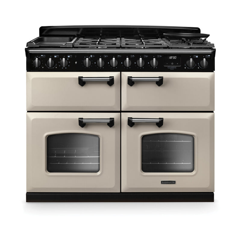 Rangemaster Classic Deluxe CLDLB110DFPPCR/CM1 110cm Dual Fuel Range Cooker Pale Cream/Chrome