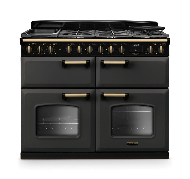 Rangemaster Classic Deluxe CLDLB110DFPSLT/AB1 110cm Dual Fuel Range Cooker Slate/Antique Brass
