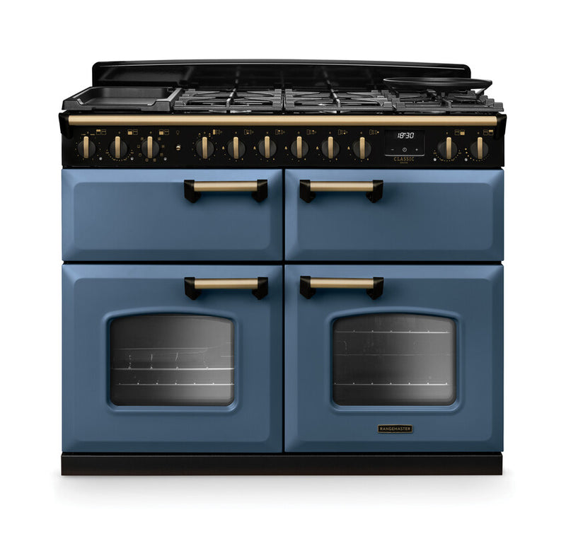 Rangemaster Classic Deluxe CLDLB110DFPSTB/AB1 110cm Dual Fuel Range Cooker Stone Blue/Antique Brass