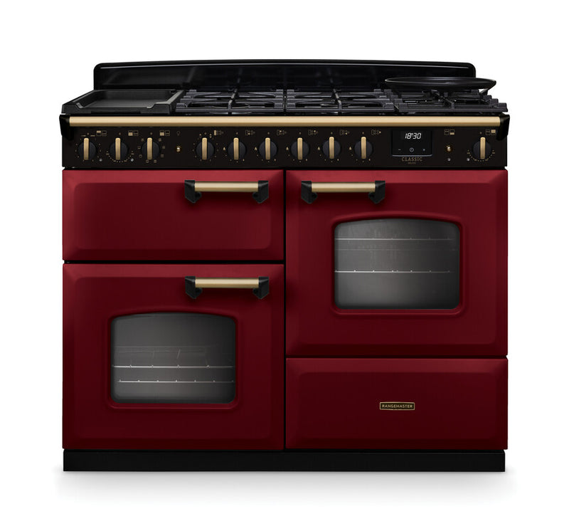 Rangemaster Classic Deluxe CLDLO110DFPBOR/AB1 110cm Dual Fuel Range Cooker Bordeaux/Antique Brass