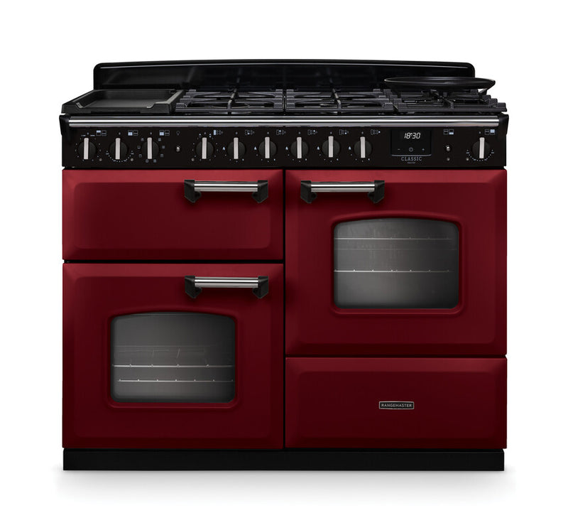 Rangemaster Classic Deluxe CLDLO110DFPBOR/CM1 110cm Dual Fuel Range Cooker Bordeaux/Chrome