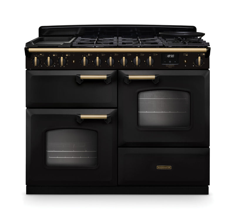 Rangemaster Classic Deluxe CLDLO110DFPCBL/AB1 110cm Dual Fuel Range Cooker Charcoal Black/Antique Brass