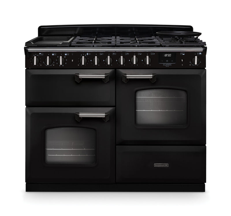 Rangemaster Classic Deluxe CLDLO110DFPCBL/CM1 110cm Dual Fuel Range Cooker Charcoal Black/Chrome