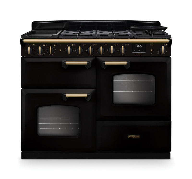 Rangemaster Classic Deluxe CLDLO110DFPGBL/AB1 110cm Dual Fuel Range Cooker Gloss Black/Antique Brass