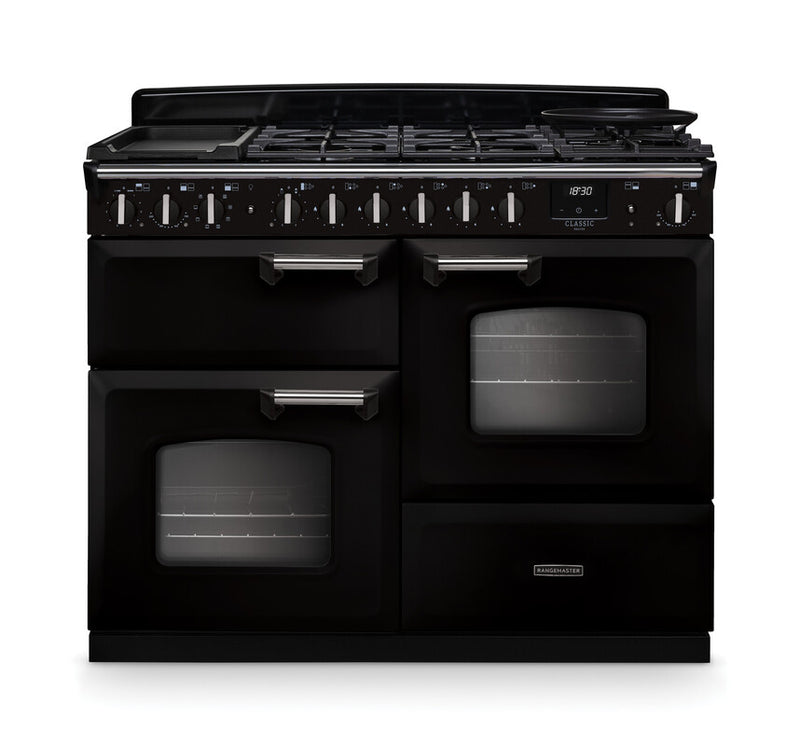 Rangemaster Classic Deluxe CLDLO110DFPGBL/CM1 110cm Dual Fuel Range Cooker Gloss Black/Chrome
