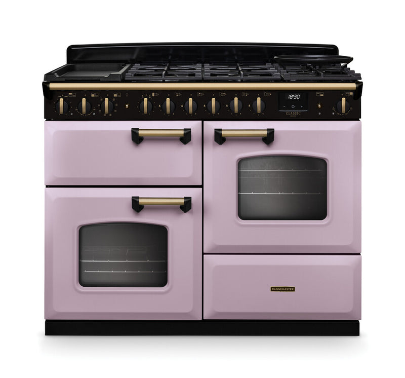 Rangemaster Classic Deluxe CLDLO110DFPHTH/AB1 110cm Dual Fuel Range Cooker Heather/Antique Brass
