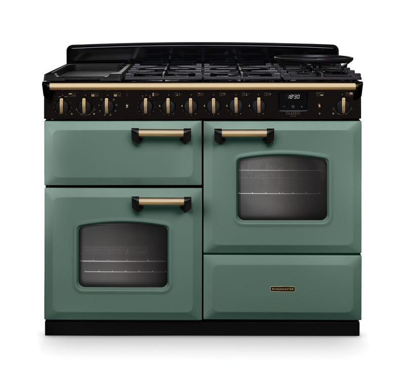 Rangemaster Classic Deluxe CLDLO110DFPMGR/AB1 110cm Dual Fuel Range Cooker Mineral Green/Antique Brass