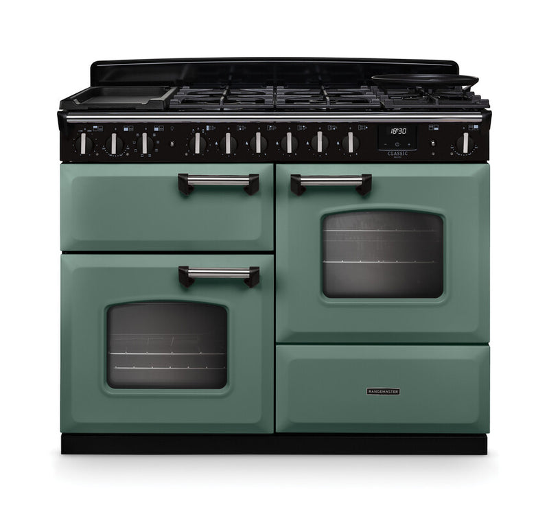 Rangemaster Classic Deluxe CLDLO110DFPMGR/CM1 110cm Dual Fuel Range Cooker Mineral Green/Chrome