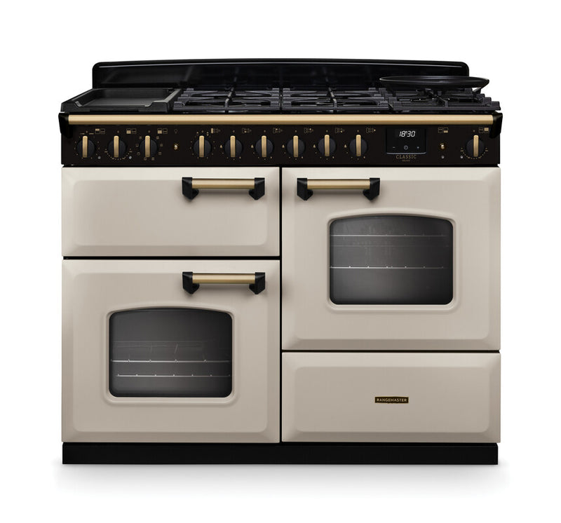 Rangemaster Classic Deluxe CLDLO110DFPPCR/AB1 110cm Dual Fuel Range Cooker Pale Cream/Antique Brass