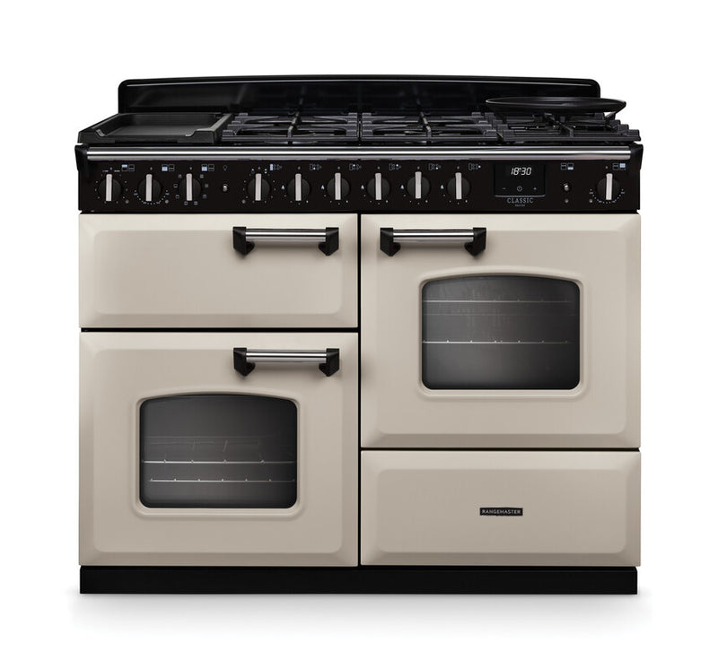 Rangemaster Classic Deluxe CLDLO110DFPPCR/CM1 110cm Dual Fuel Range Cooker Pale Cream/Chrome