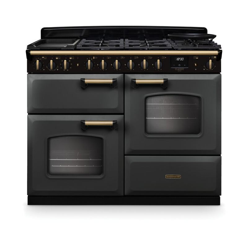 Rangemaster Classic Deluxe CLDLO110DFPSLT/AB1 110cm Dual Fuel Range Cooker Slate/Antique Brass