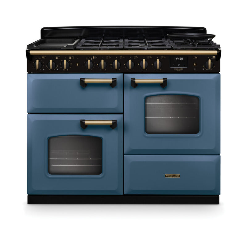 Rangemaster Classic Deluxe CLDLO110DFPSTB/AB1 110cm Dual Fuel Range Cooker Stone Blue/Antique Brass