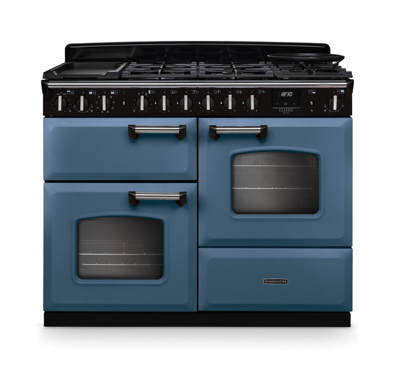 Rangemaster Classic Deluxe CLDLO110DFPSTB/CM1 110cm Dual Fuel Range Cooker Stone Blue/Chrome