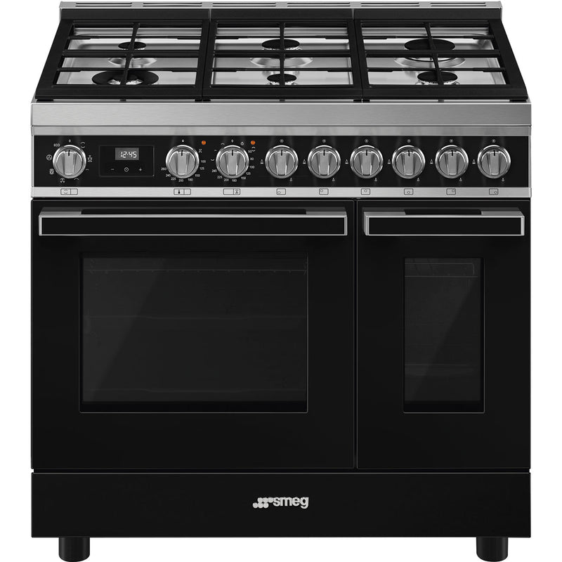 Black 90cm Smeg Portofino dual fuel range cooker with six burners and two ovens, Eastbourne Uckfield Free Delivery. - DB Domestics