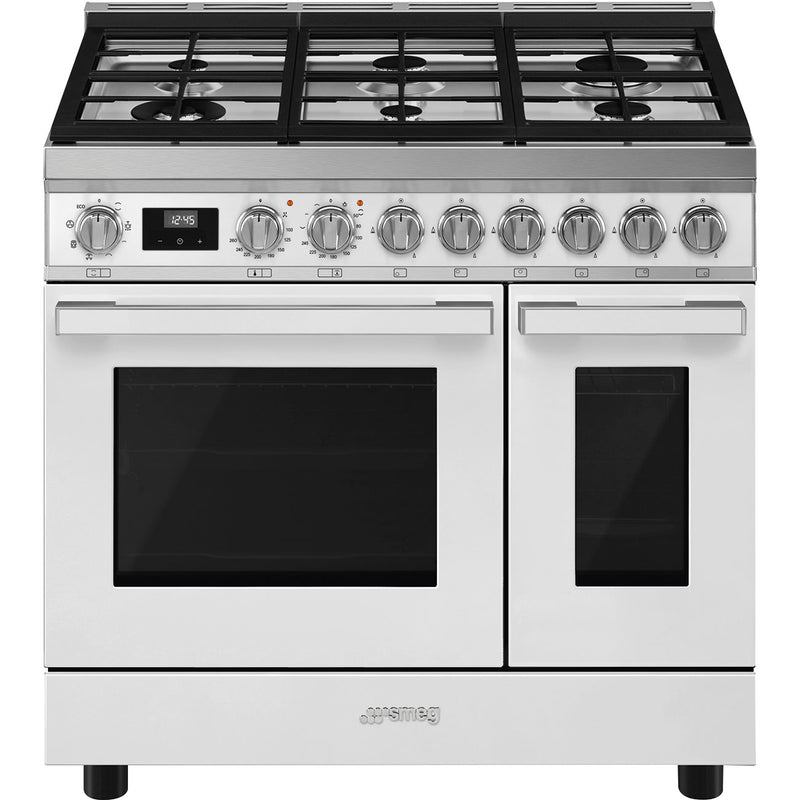 White Smeg Portofino 90cm dual fuel range cooker with six burners and dual ovens, Free Delivery Eastbourne Uckfield. - DB Domestics