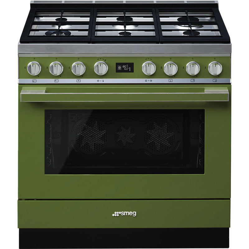 Olive green Smeg Portofino 90cm dual fuel range cooker with stainless steel knobs, suitable for Eastbourne Uckfield Free. - DB Domestics