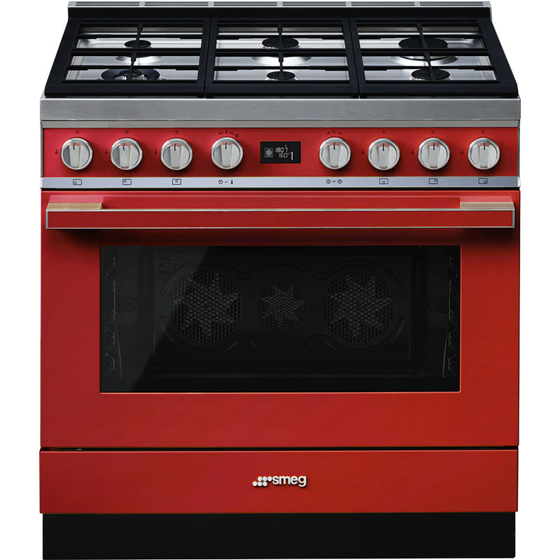 Red Smeg Portofino CPF9GPR 90cm dual fuel range cooker with six burners and enamel finish, available for Free Delivery in. - DB Domestics