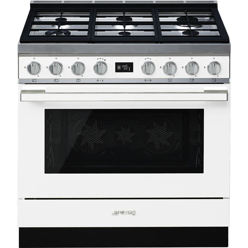 White 90cm Smeg Portofino dual fuel range cooker with six gas burners, enamel finish, and digital display, available in. - DB Domestics