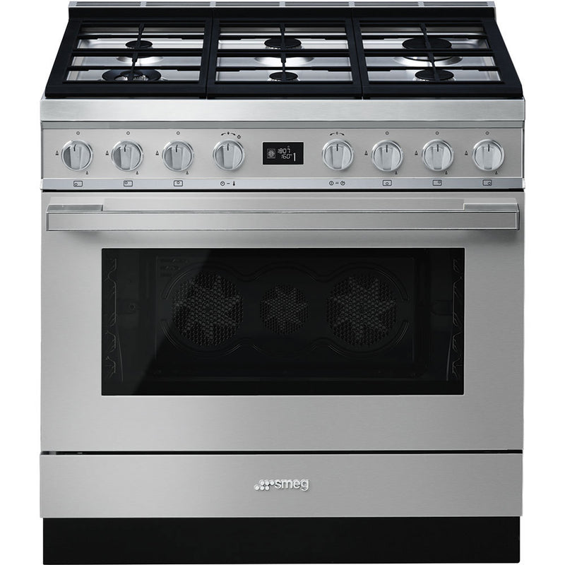 Smeg Portofino 90cm stainless steel dual fuel range cooker with six burners and enamel interior, available with Free. - DB Domestics