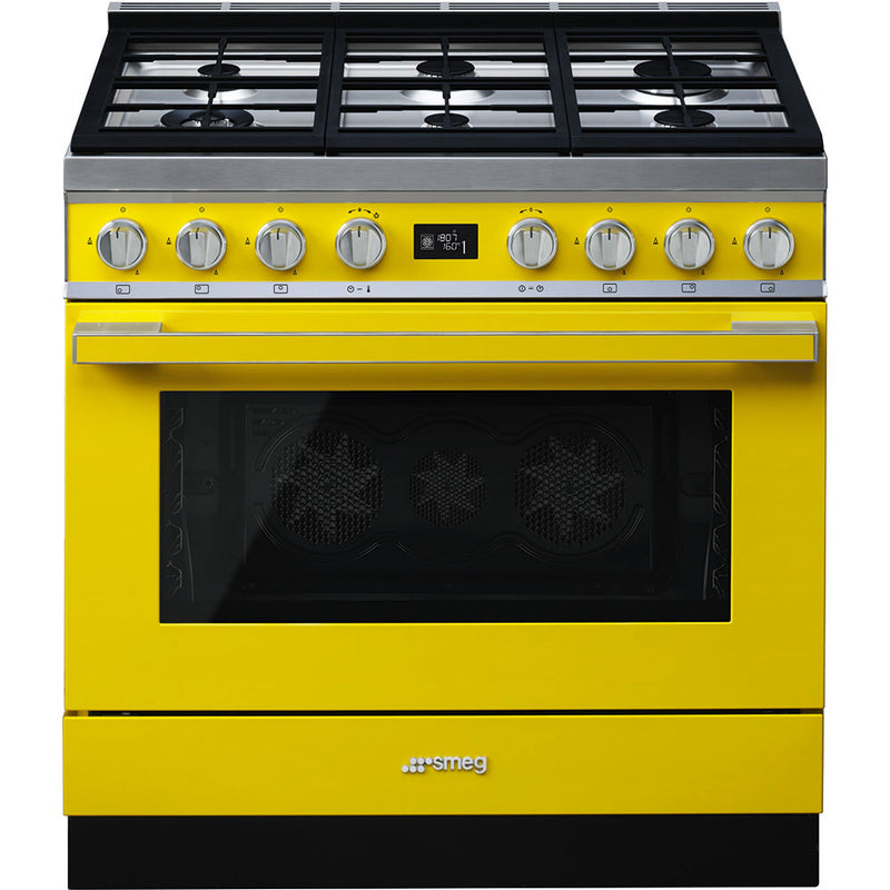 Yellow Smeg Portofino 90cm dual fuel range cooker with six burners, stainless steel knobs, and black oven window Eastbourne. - DB Domestics