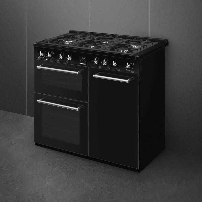 Black 100cm Smeg Concert Classic dual fuel range cooker with five gas burners and three ovens, free delivery in Eastbourne. - DB Domestics