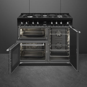 Black Smeg 100cm dual fuel range cooker with six burners and open ovens, Eastbourne Uckfield Free Delivery. - DB Domestics