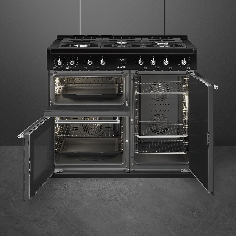 Black Smeg 100cm dual fuel range cooker with six burners and open ovens, Eastbourne Uckfield Free Delivery. - DB Domestics