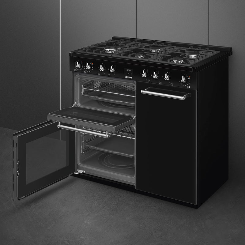 Black Smeg 100cm dual fuel range cooker with six burners and dual ovens, Free Delivery Eastbourne Uckfield. - DB Domestics