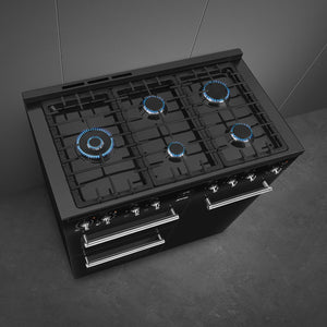 Black Smeg 100cm dual fuel range cooker with five burners and two ovens, offered with Free Delivery to Eastbourne and. - DB Domestics