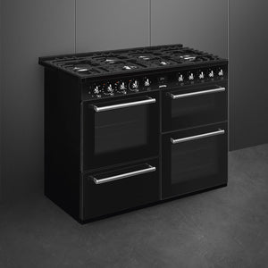 Smeg 110cm black dual fuel range cooker with six burners and three ovens, free delivery to Eastbourne and Uckfield. - DB Domestics
