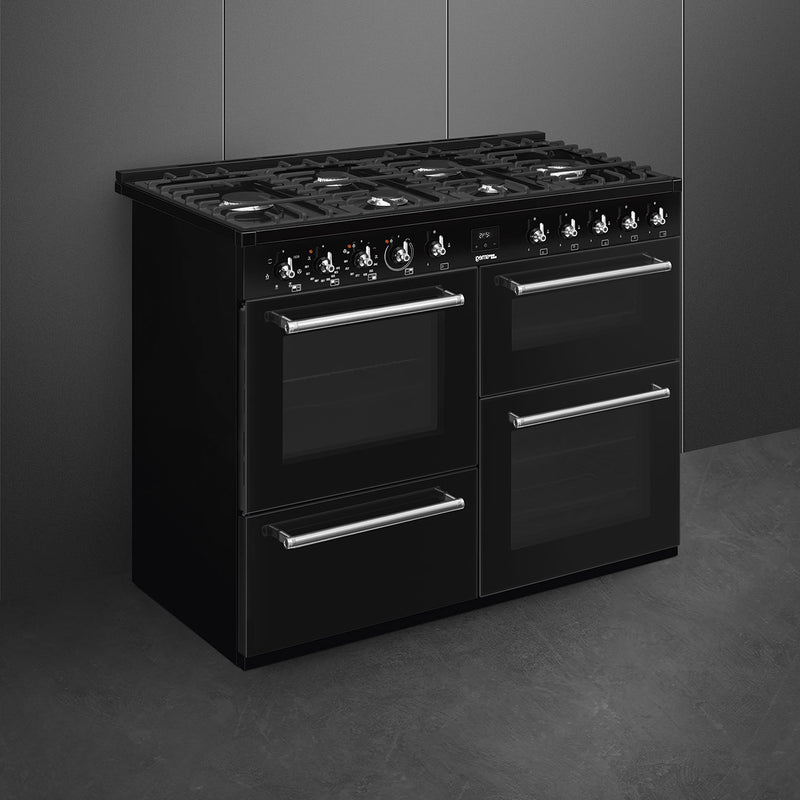 Smeg 110cm black dual fuel range cooker with six burners and three ovens, free delivery to Eastbourne and Uckfield. - DB Domestics