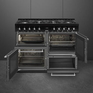 Black 110cm Smeg Concert Classic CX113GMBL dual fuel range cooker with open ovens, knobs, and free delivery to Eastbourne. - DB Domestics
