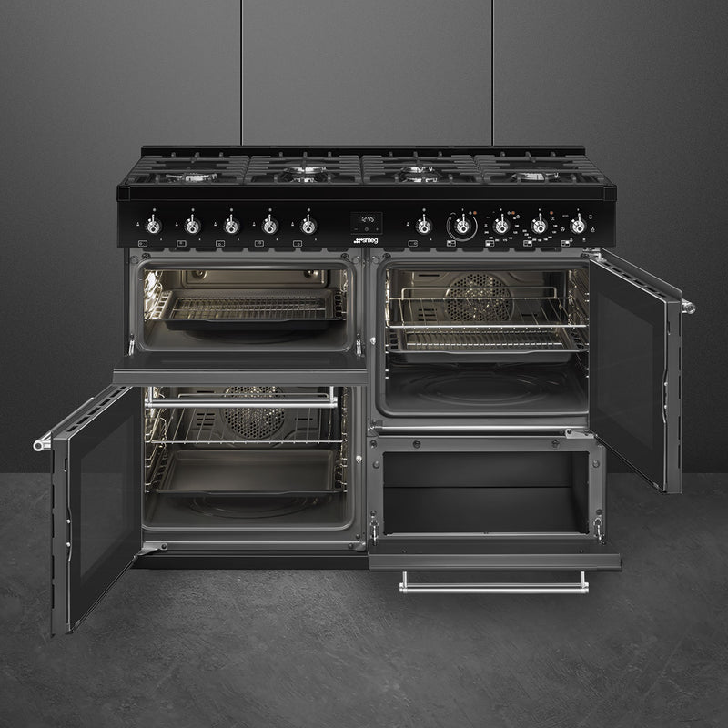 Black 110cm Smeg Concert Classic CX113GMBL dual fuel range cooker with open ovens, knobs, and free delivery to Eastbourne. - DB Domestics