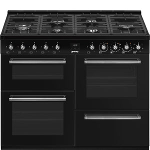 Smeg Concert Classic black 110cm dual fuel range cooker with six burners, triple ovens, and chrome handles, Free Delivery. - DB Domestics