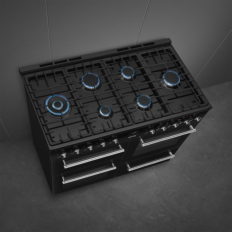 110cm black dual fuel range cooker with six blue-lit burners and two ovens, Eastbourne and Uckfield free delivery. - DB Domestics