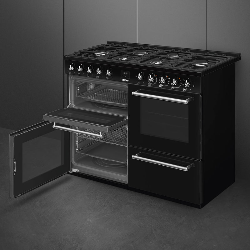 Black 110cm Smeg Concert Classic dual fuel range cooker with six burners and double oven, Free Delivery Eastbourne Uckfield. - DB Domestics