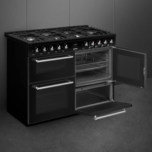 Black Smeg 110cm dual fuel range cooker with open ovens, stainless steel handles, available in Eastbourne, Uckfield with. - DB Domestics