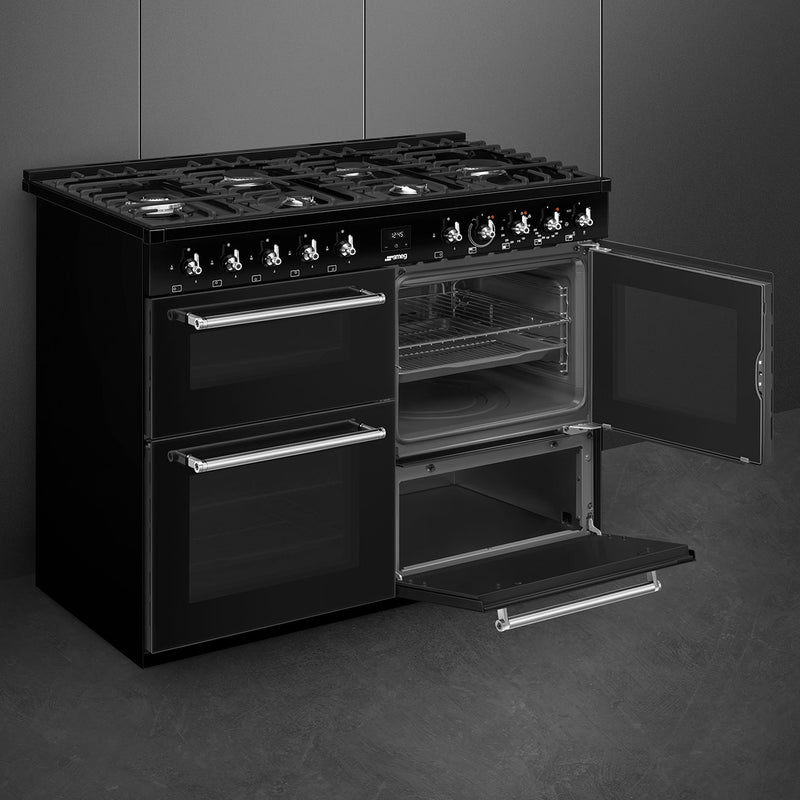 Black Smeg 110cm dual fuel range cooker with open ovens, stainless steel handles, available in Eastbourne, Uckfield with. - DB Domestics