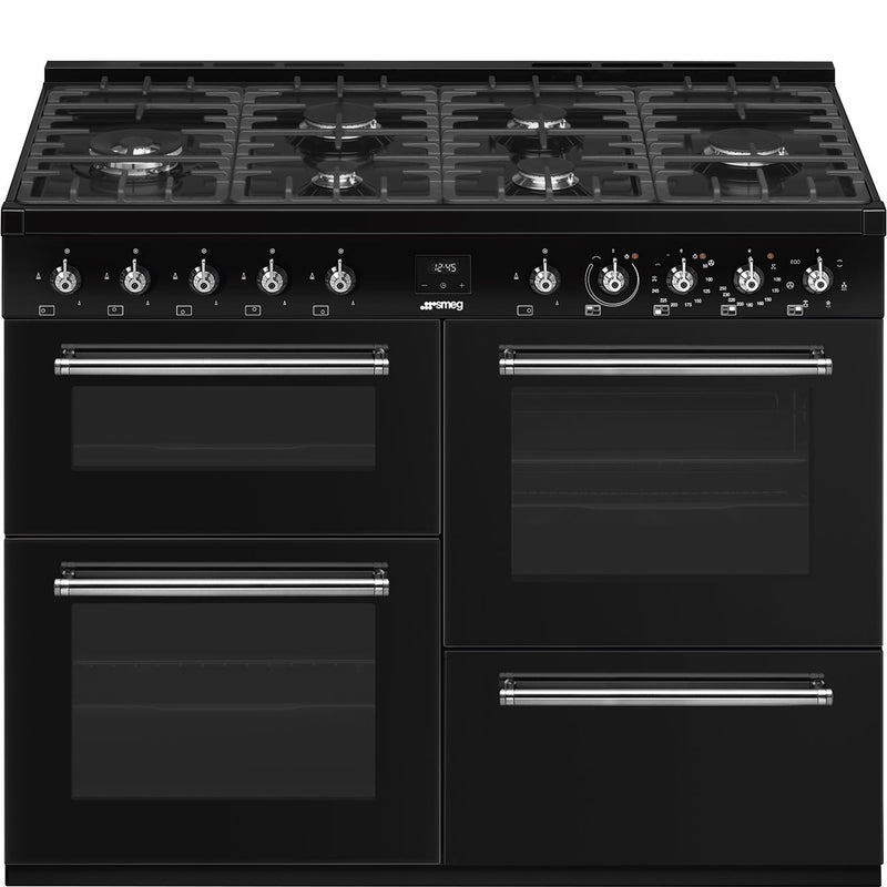 Smeg Concert Classic black 110cm dual fuel range cooker with six burners, triple ovens, and chrome handles, Free Delivery. - DB Domestics