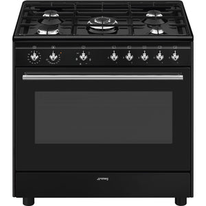 Black 90cm dual fuel range cooker with five gas burners, large oven window, and silver control knobs Eastbourne Uckfield. - DB Domestics