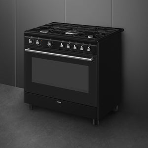 Black Smeg Concert Classic CX91GMBL 90cm dual fuel range cooker with six burners and large oven, available with Free. - DB Domestics
