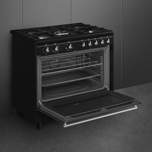 Black Smeg 90cm dual fuel range cooker with open oven door, classic design, available for Free Delivery in Eastbourne and. - DB Domestics