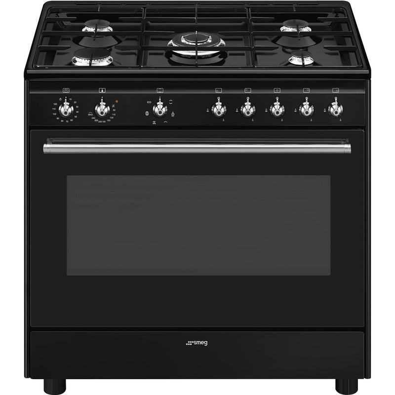 Black 90cm dual fuel range cooker with five gas burners, large oven window, and silver control knobs Eastbourne Uckfield. - DB Domestics