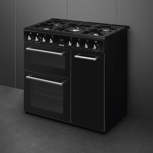 Smeg black 90cm dual fuel range cooker with six burners and two ovens, Free Delivery to Eastbourne and Uckfield. - DB Domestics
