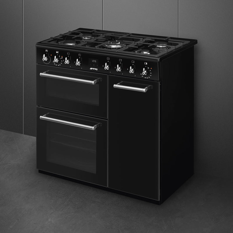 Smeg black 90cm dual fuel range cooker with six burners and two ovens, Free Delivery to Eastbourne and Uckfield. - DB Domestics